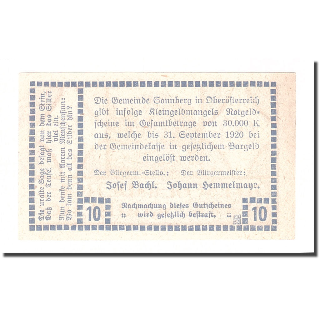 Banknote, Austria, Sonnberg O.Ö. Gemeinde, 10 Heller, Texte, 1920, 1920-12-31