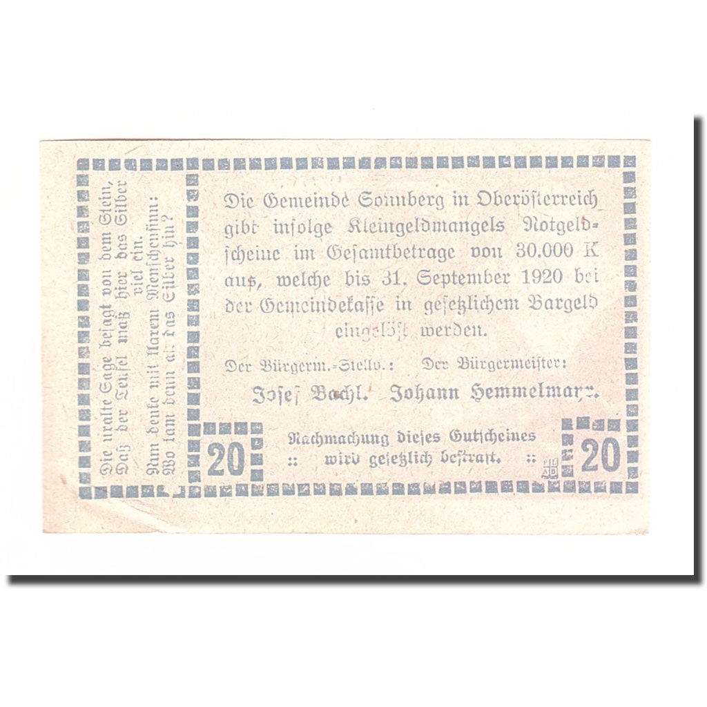 Banknote, Austria, Sonnberg O.Ö. Gemeinde, 20 Heller, texte 1, 1920