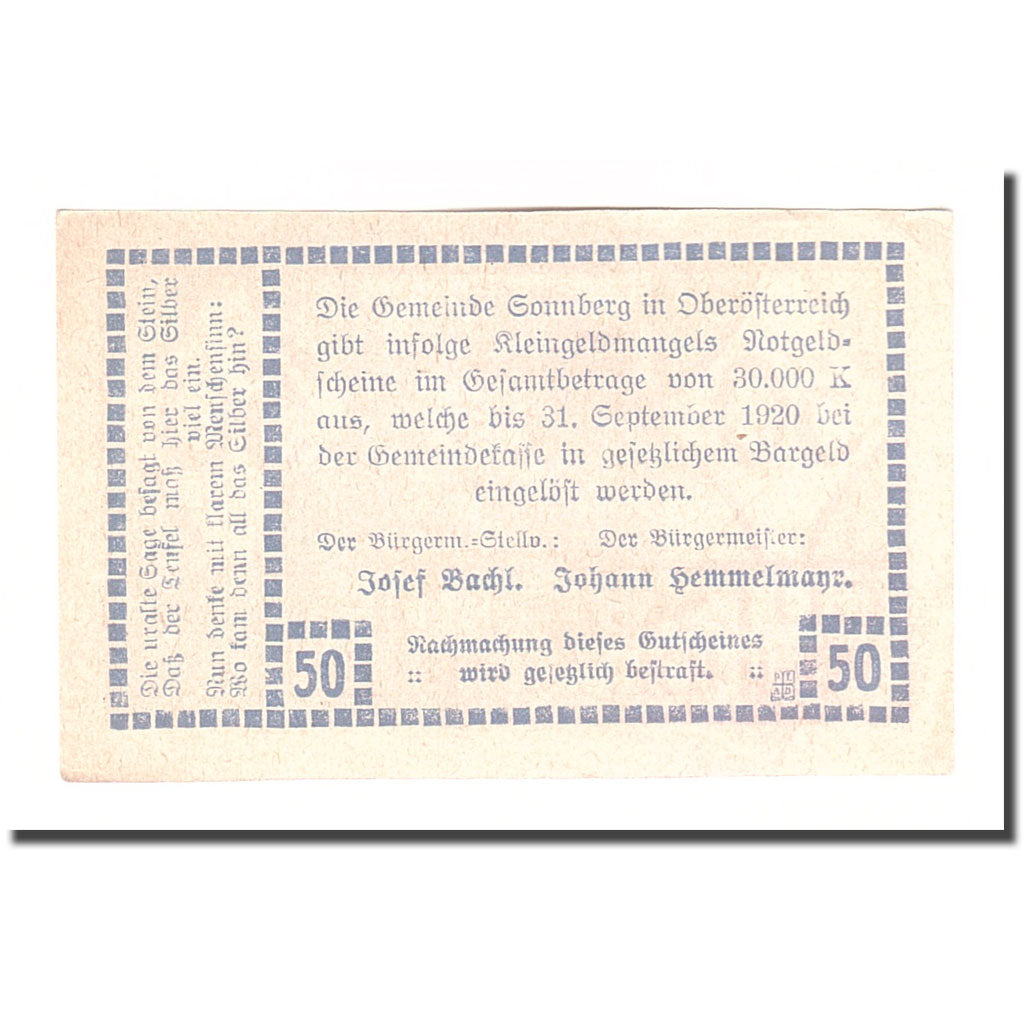 Banknote, Austria, Sonnberg O.Ö. Gemeinde, 50 Heller, Texte 2, 1920