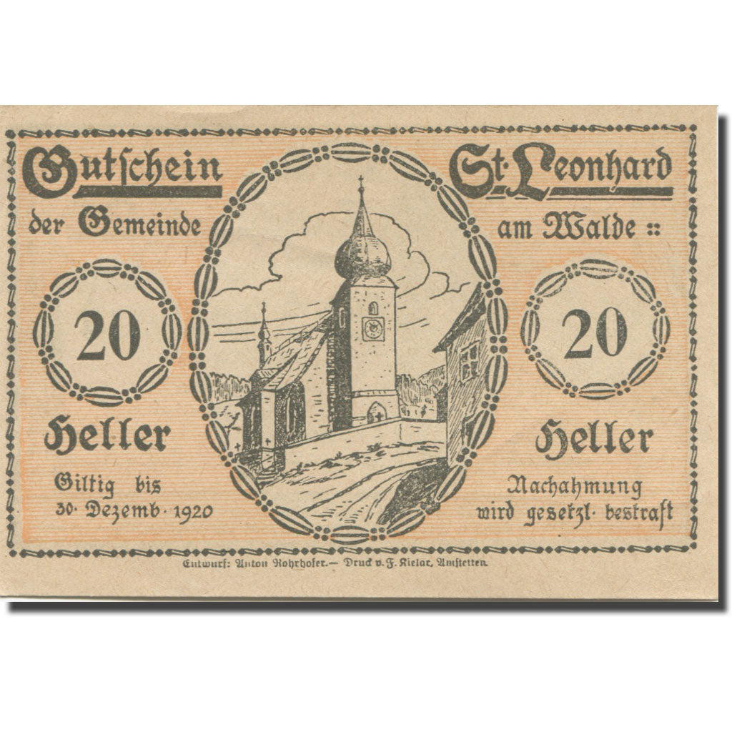 Banknote, Austria, St. Leonhard am Walde N.Ö. Gemeinde, 20 Heller, personnage