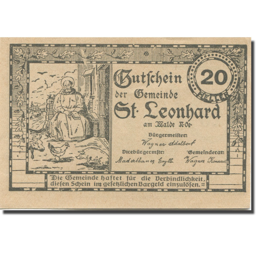 Banknote, Austria, St. Leonhard am Walde N.Ö. Gemeinde, 20 Heller, personnage