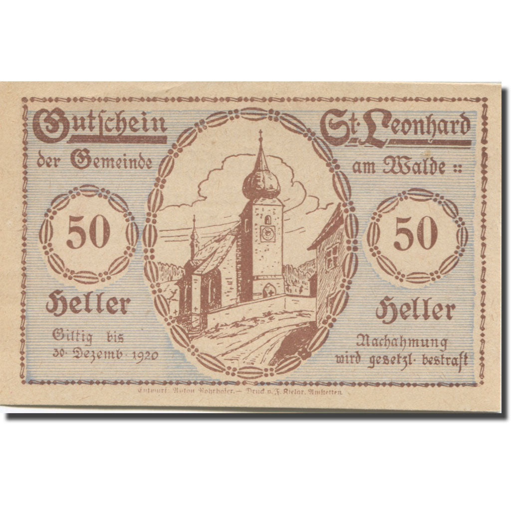 Banknote, Austria, St. Leonhard am Walde N.Ö. Gemeinde, 50 Heller, personnage