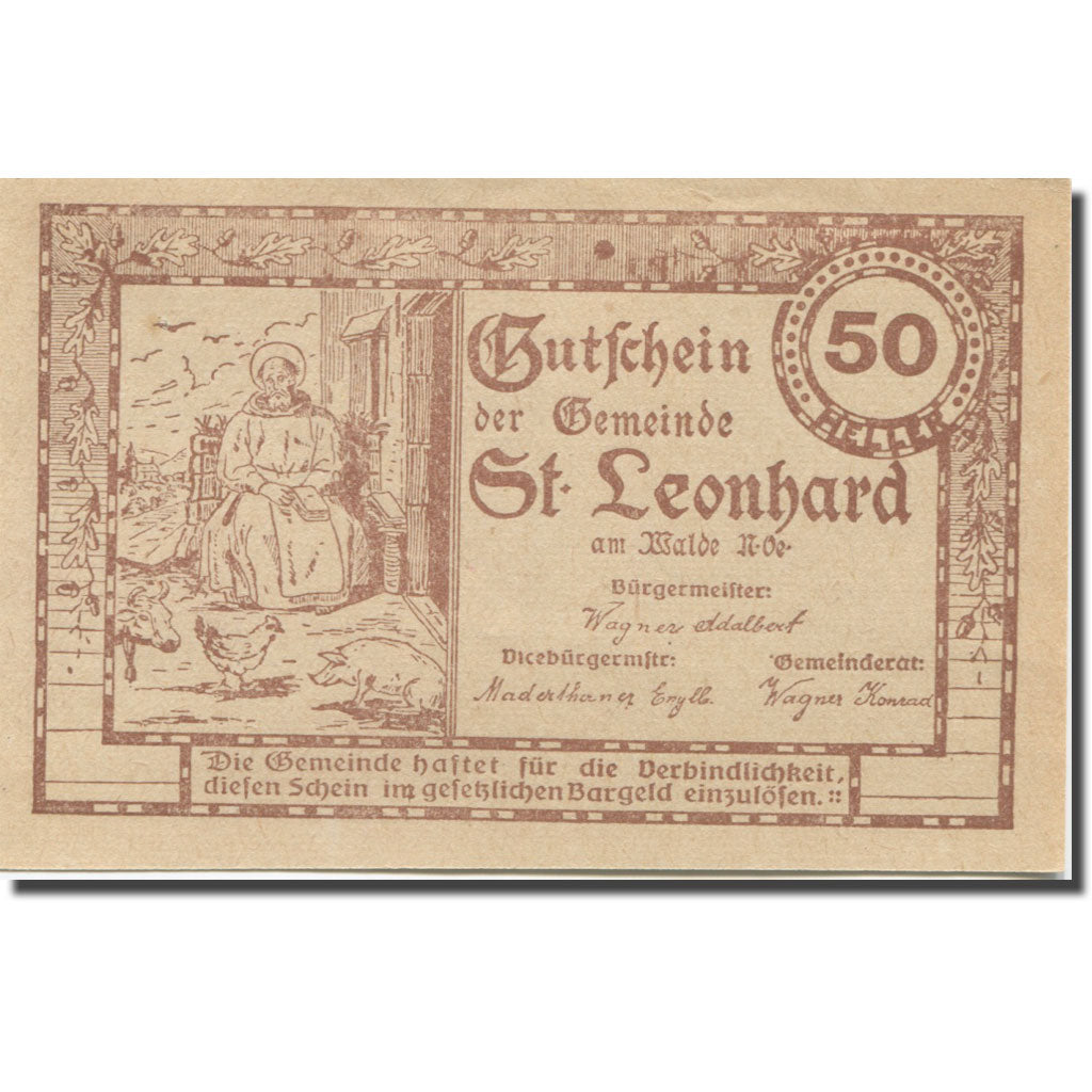 Banknote, Austria, St. Leonhard am Walde N.Ö. Gemeinde, 50 Heller, personnage