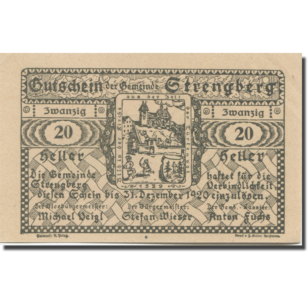 Billet, Autriche, Strengberg N.Ö. Gemeinde, 20 Heller, personnage 1, 1920