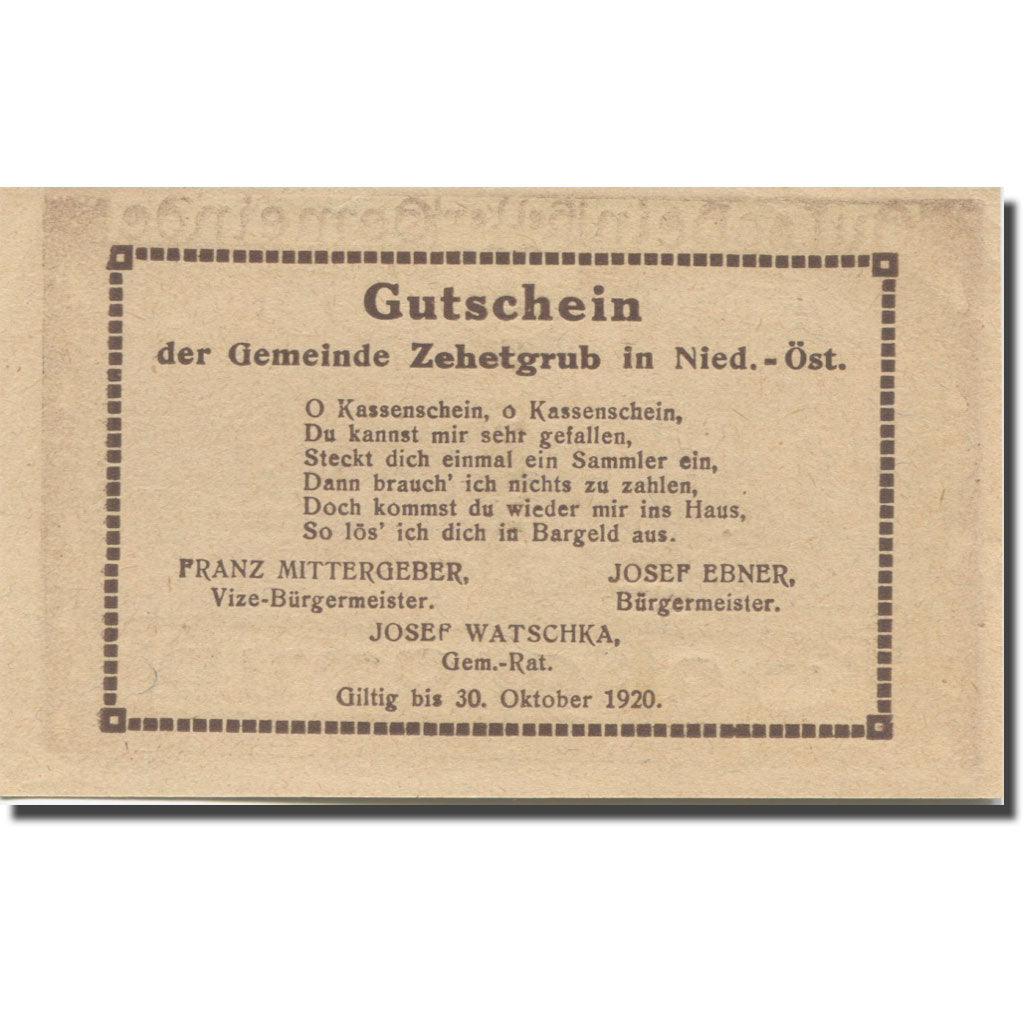 Banknote, Austria, Zehetgrub N.Ö. Gemeinde, 20 Heller, Texte, 1920, 1920-10-30