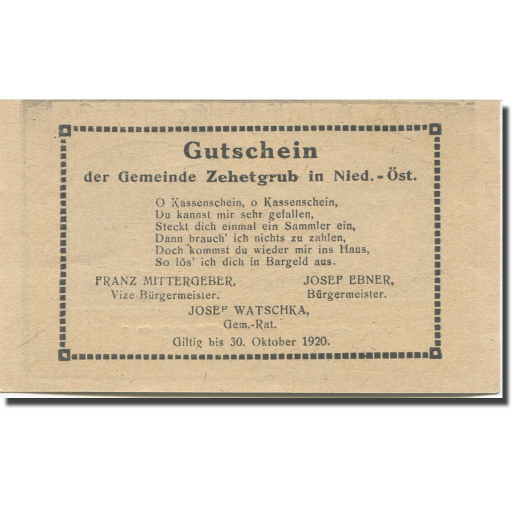 Banknote, Austria, Zehetgrub N.Ö. Gemeinde, 30 Heller, texte 1, 1920