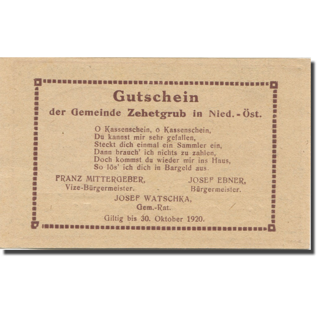 Biljet, Oostenrijk, Zehetgrub N.Ö. Gemeinde, 50 Heller, Texte 2, 1920