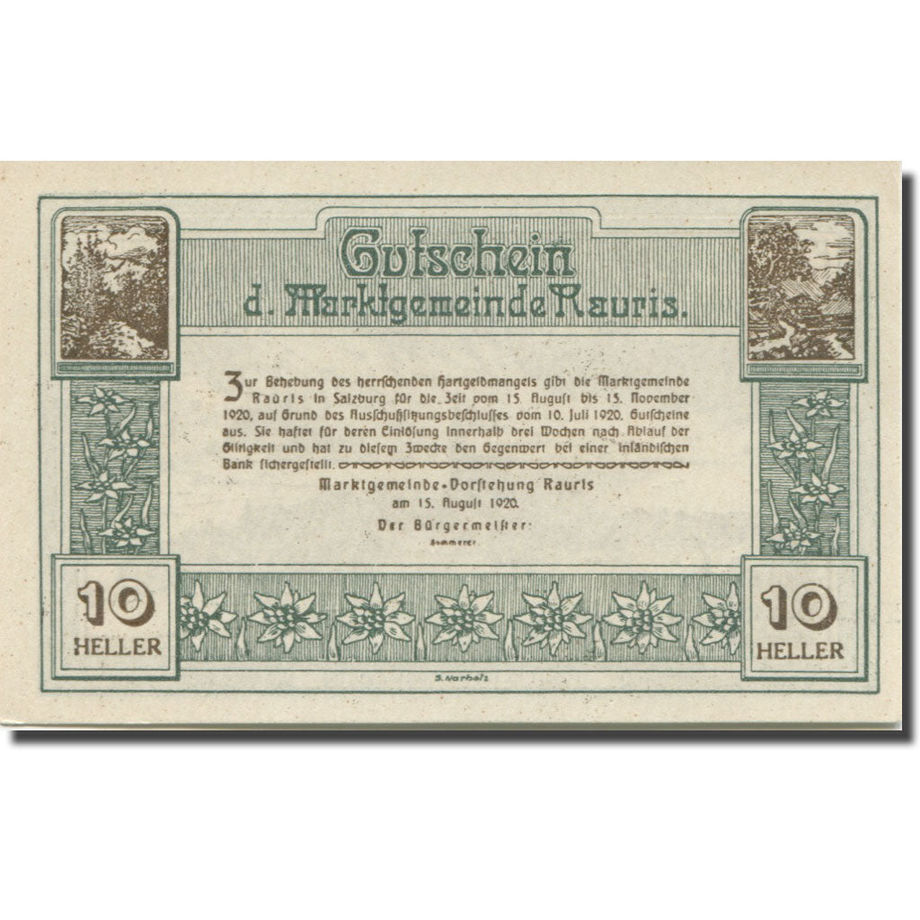 Banknote, Austria, Rauris Sbg. Marktgemeinde, 10 Heller, Texte, 1920