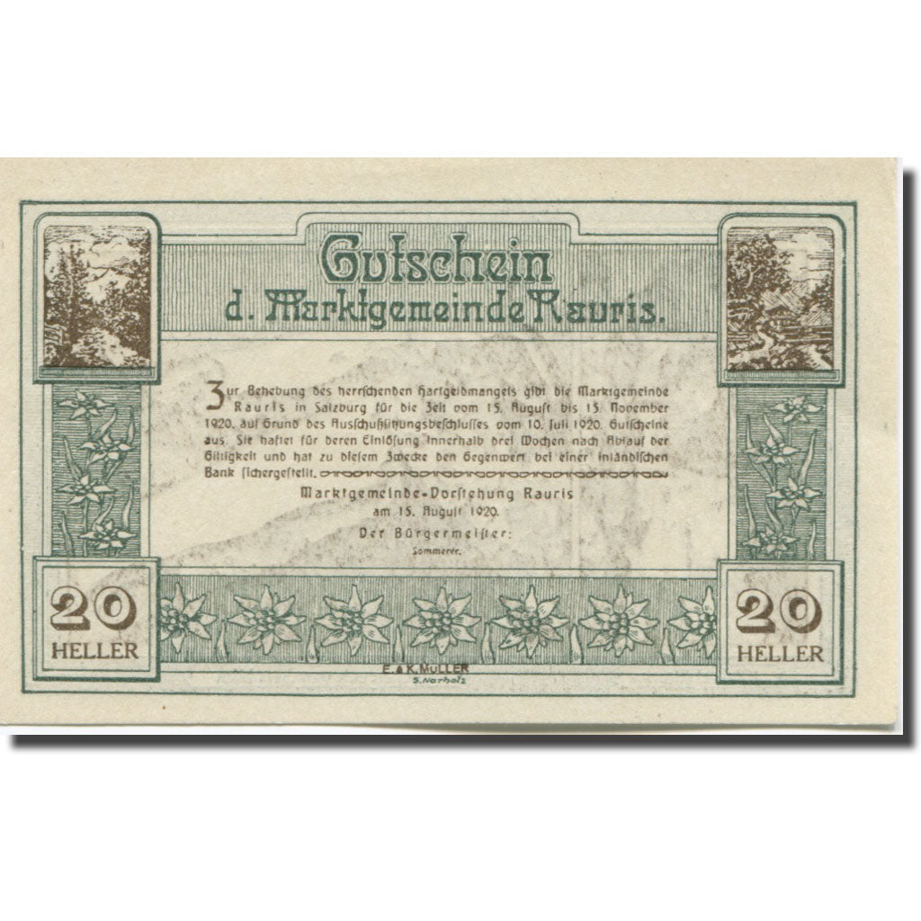 Banknote, Austria, Rauris Sbg. Marktgemeinde, 20 Heller, texte 1, 1920