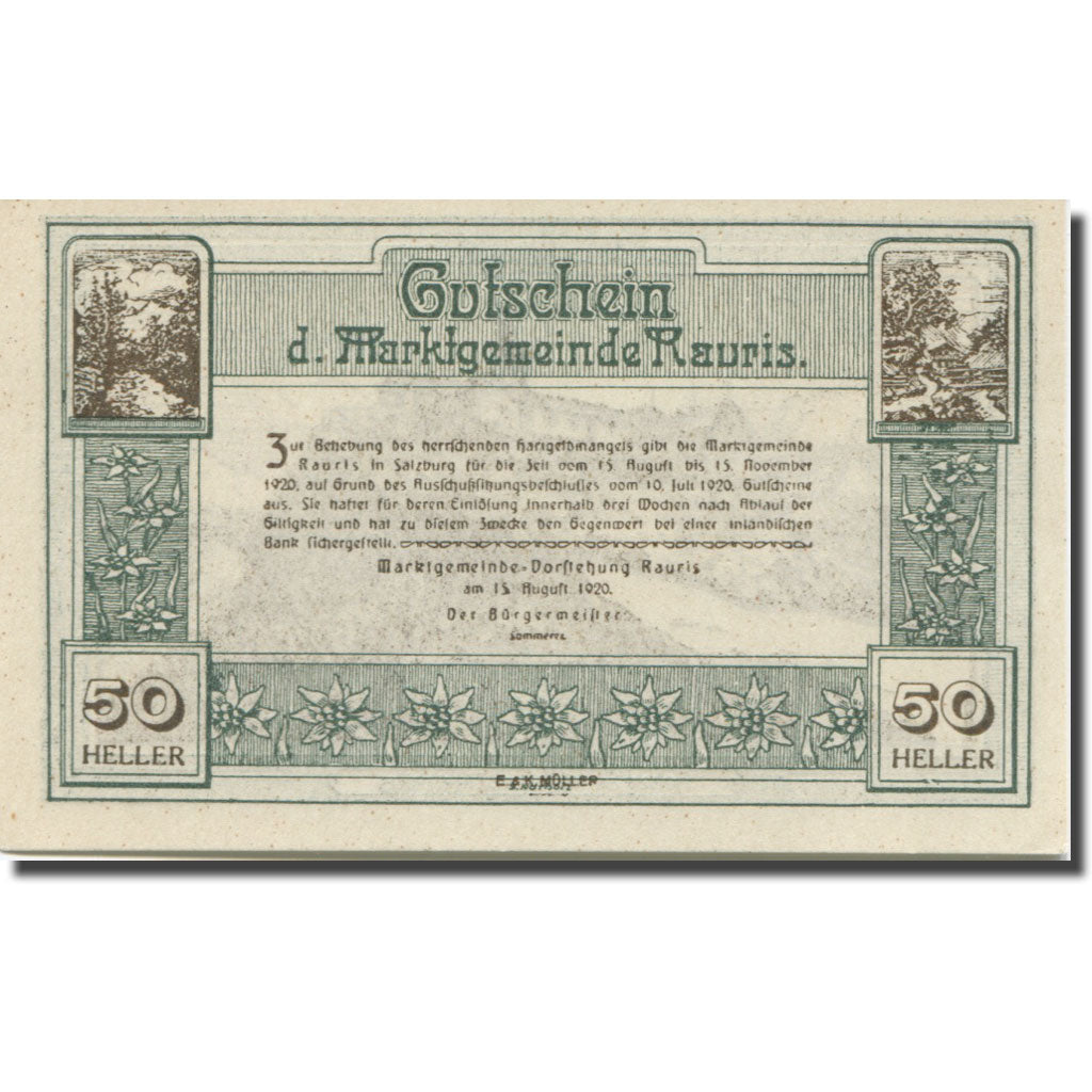 Banknote, Austria, Rauris Sbg. Marktgemeinde, 50 Heller, Texte 2, 1920