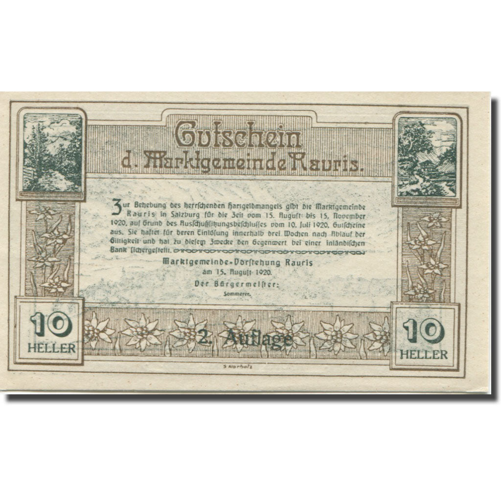 Banknote, Austria, Rauris Sbg. Marktgemeinde, 10 Heller, Texte, 1920