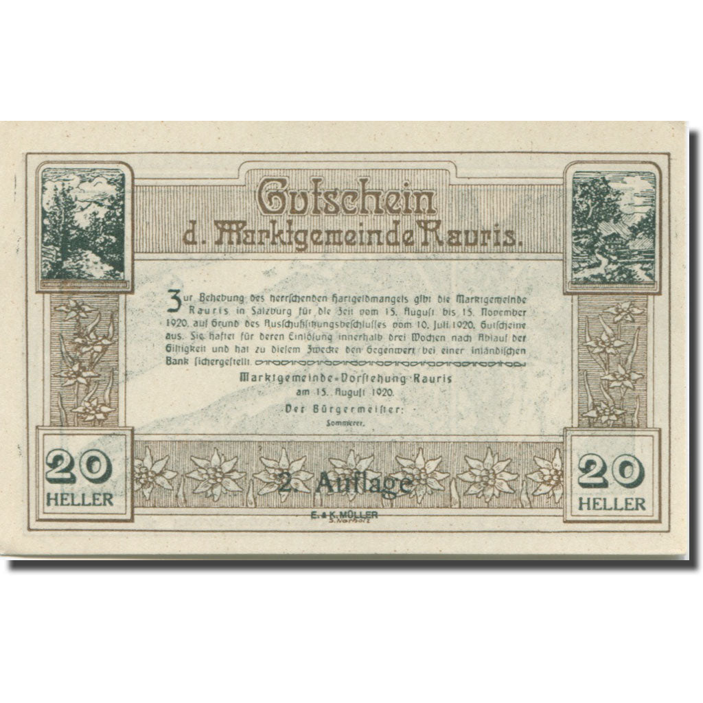 Nota, Áustria, Rauris Sbg. Marktgemeinde, 20 Heller, texte 1, 1920, 1920-11-15