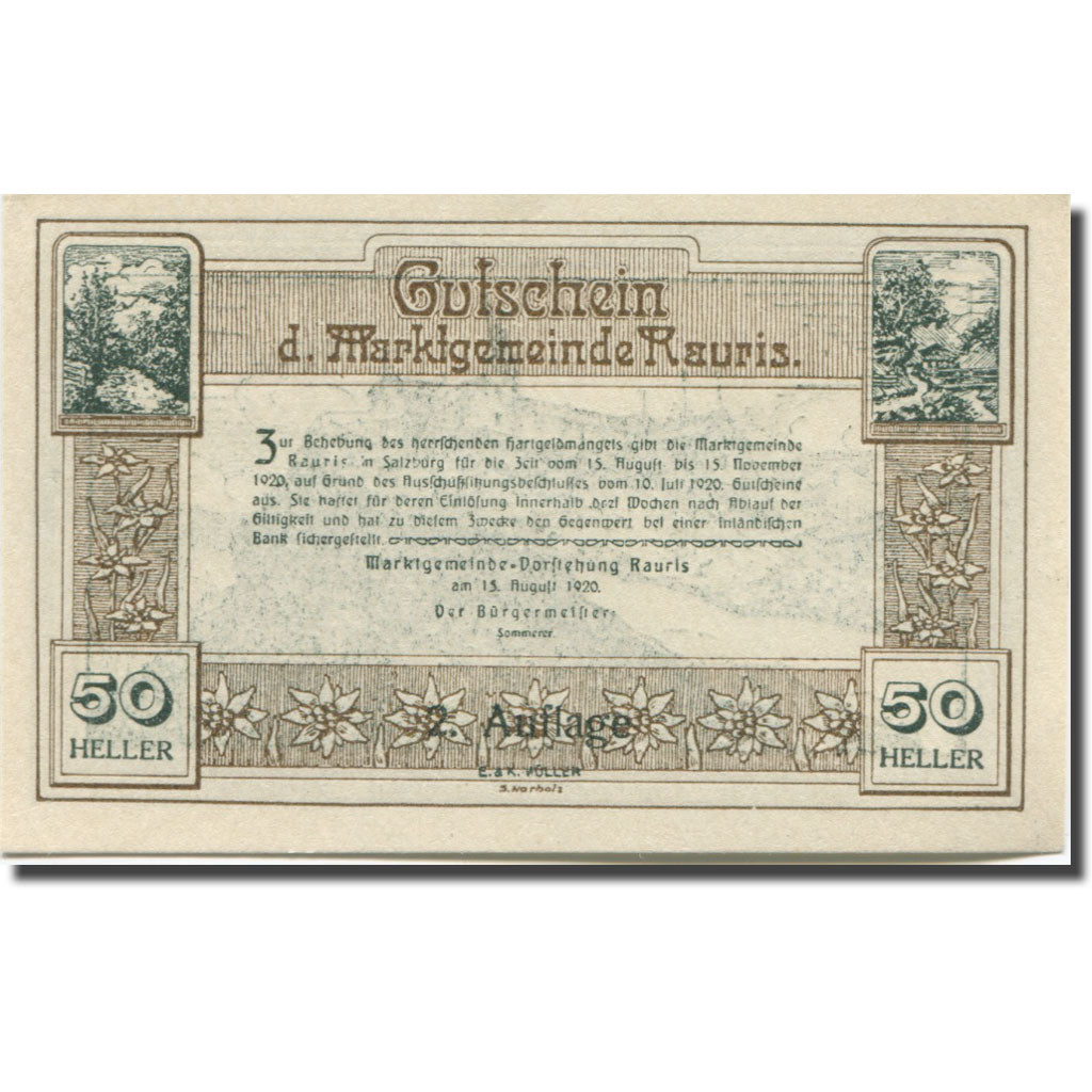 Banknote, Austria, Rauris Sbg. Marktgemeinde, 50 Heller, Texte 2, 1920