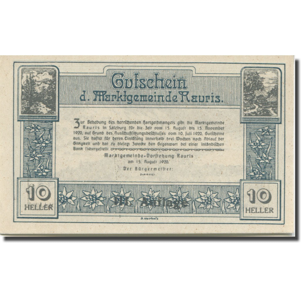 Banknote, Austria, Rauris Sbg. Marktgemeinde, 10 Heller, Texte, 1920