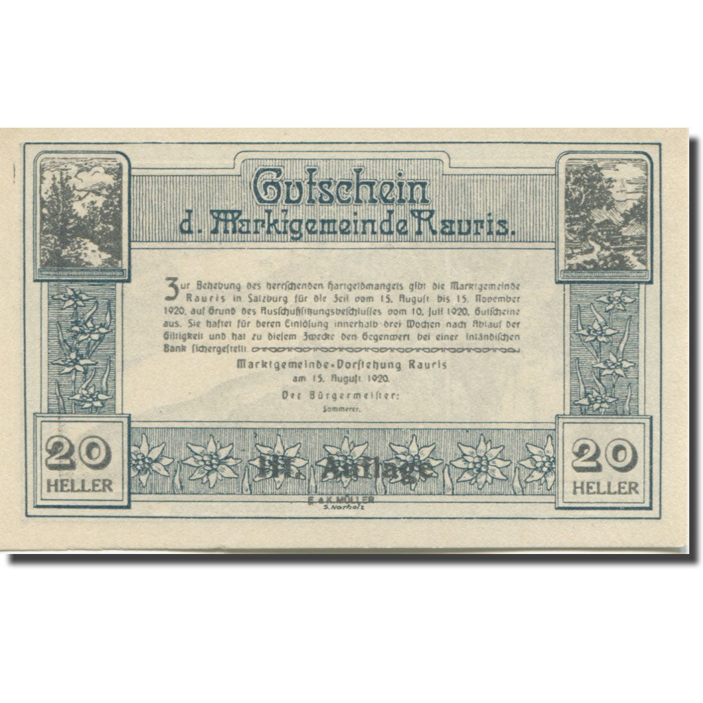 Banknote, Austria, Rauris Sbg. Marktgemeinde, 20 Heller, texte 1, 1920