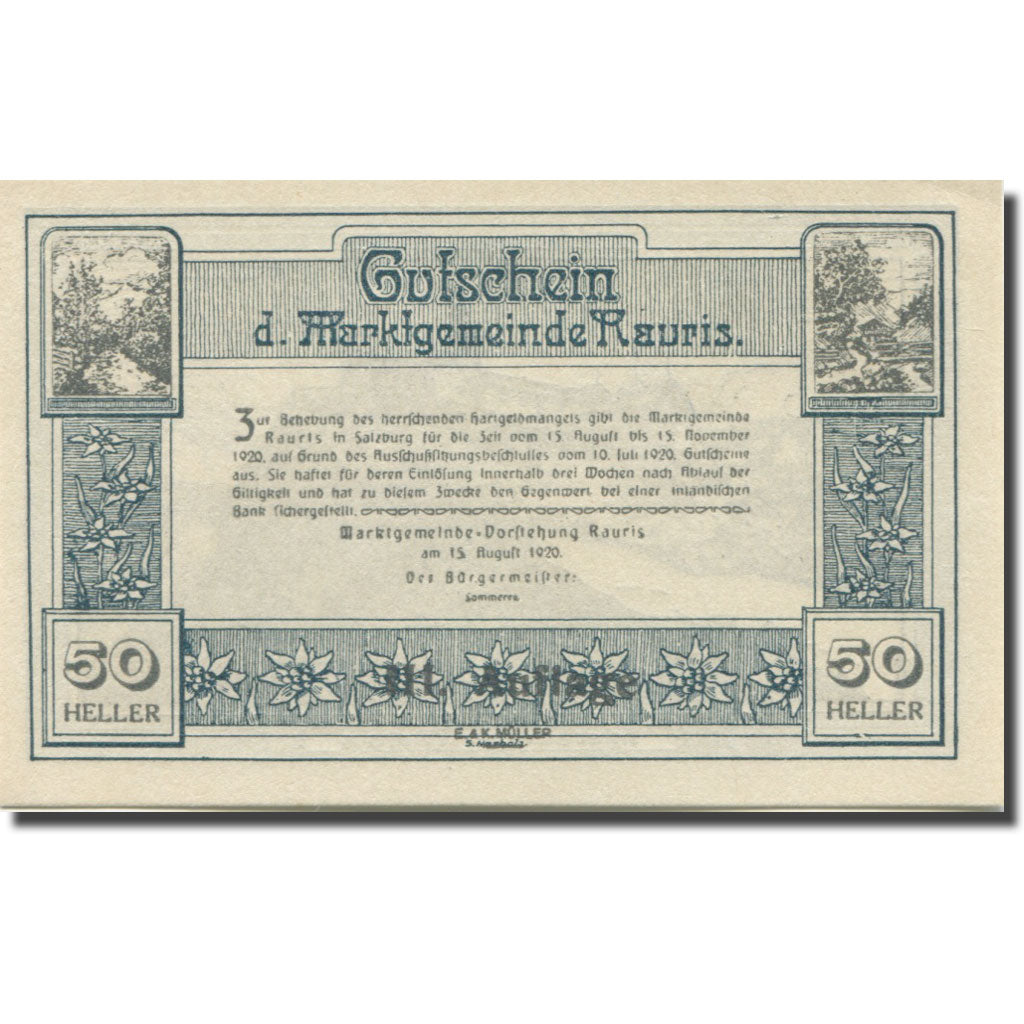 Banknote, Austria, Rauris Sbg. Marktgemeinde, 50 Heller, Texte 2, 1920