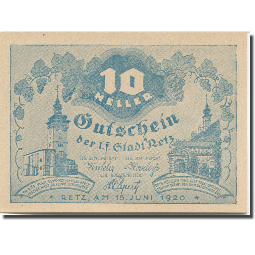Banknote, Austria, Retz N.Ö. Stadtgemeinde, 10 Heller, Texte, 1920, 1920-09-30