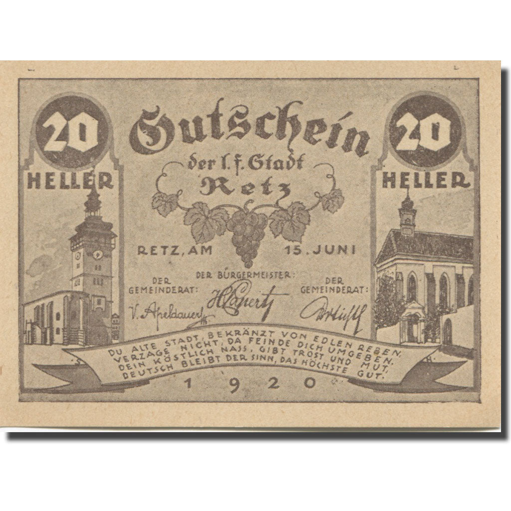 Banknote, Austria, Retz N.Ö. Stadtgemeinde, 20 Heller, texte 1, 1920