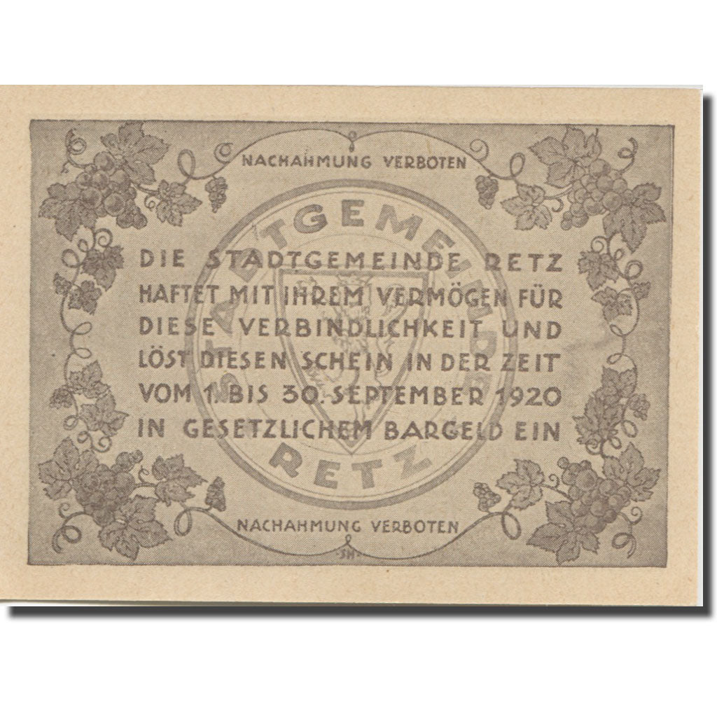 Banknote, Austria, Retz N.Ö. Stadtgemeinde, 20 Heller, texte 1, 1920