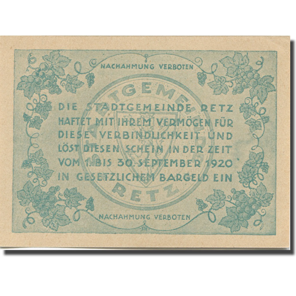 Banknote, Austria, Retz N.Ö. Stadtgemeinde, 50 Heller, Texte 2, 1920