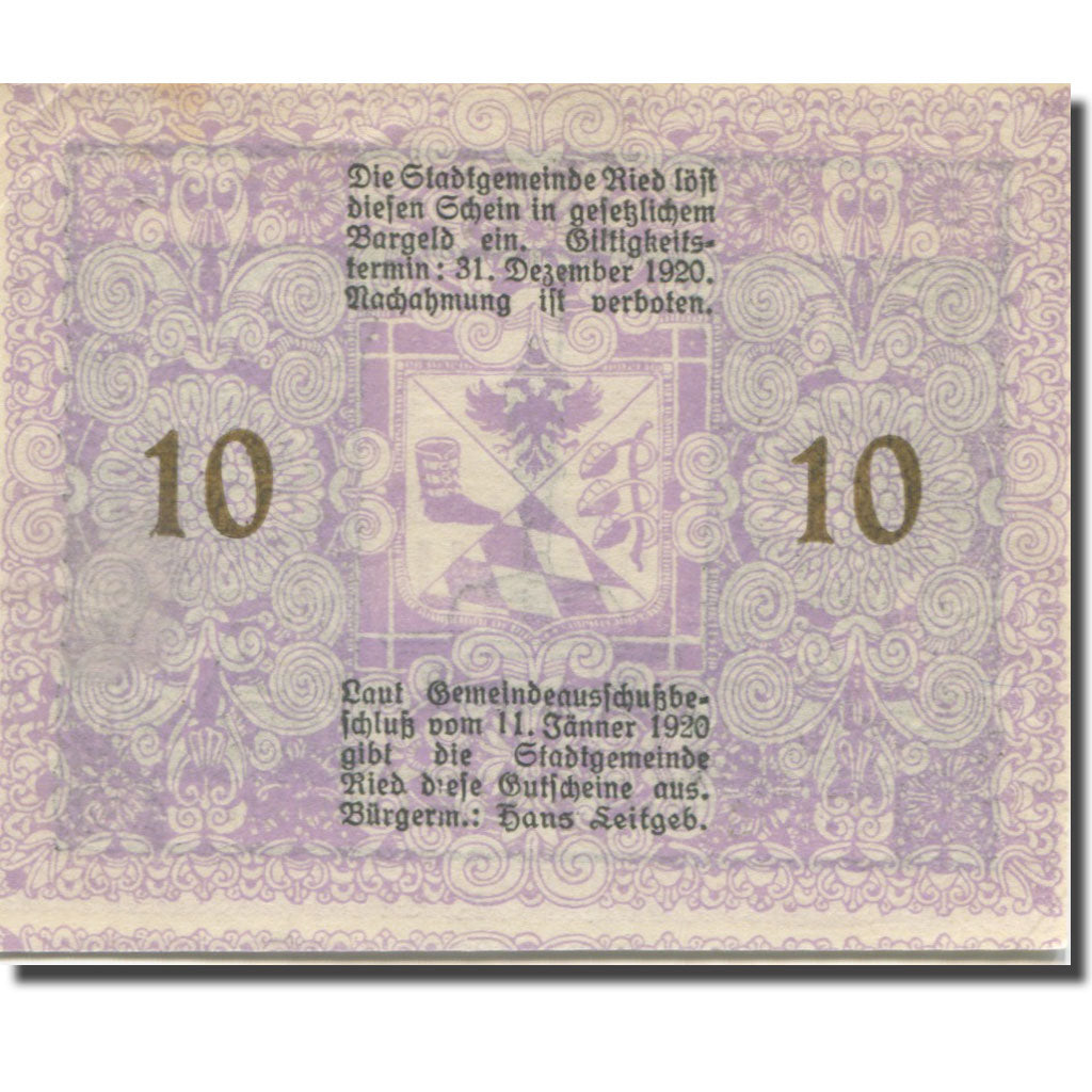Banknote, Austria, Ried im Innkreis O.Ö. Stadtgemeinde, 10 Heller, Blason