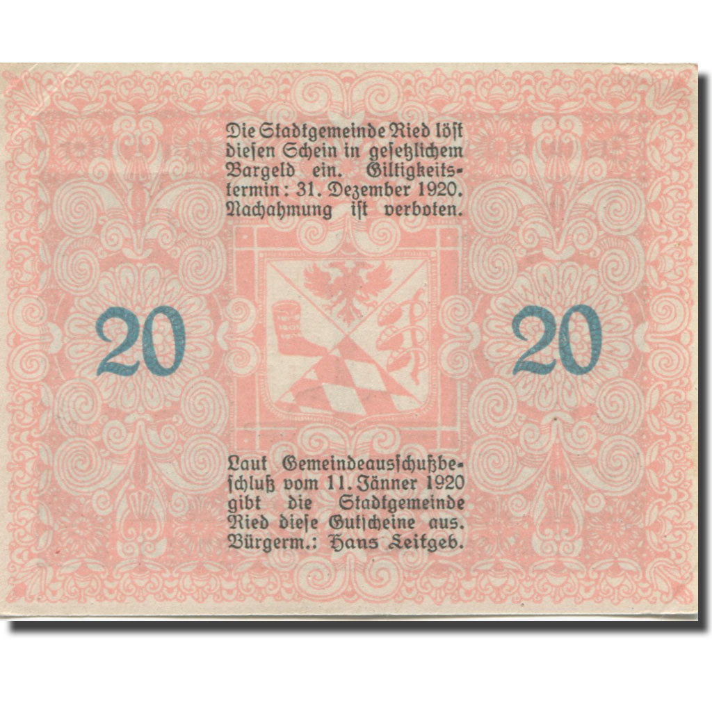 Banknote, Austria, Ried im Innkreis O.Ö. Stadtgemeinde, 20 Heller, Blason 1
