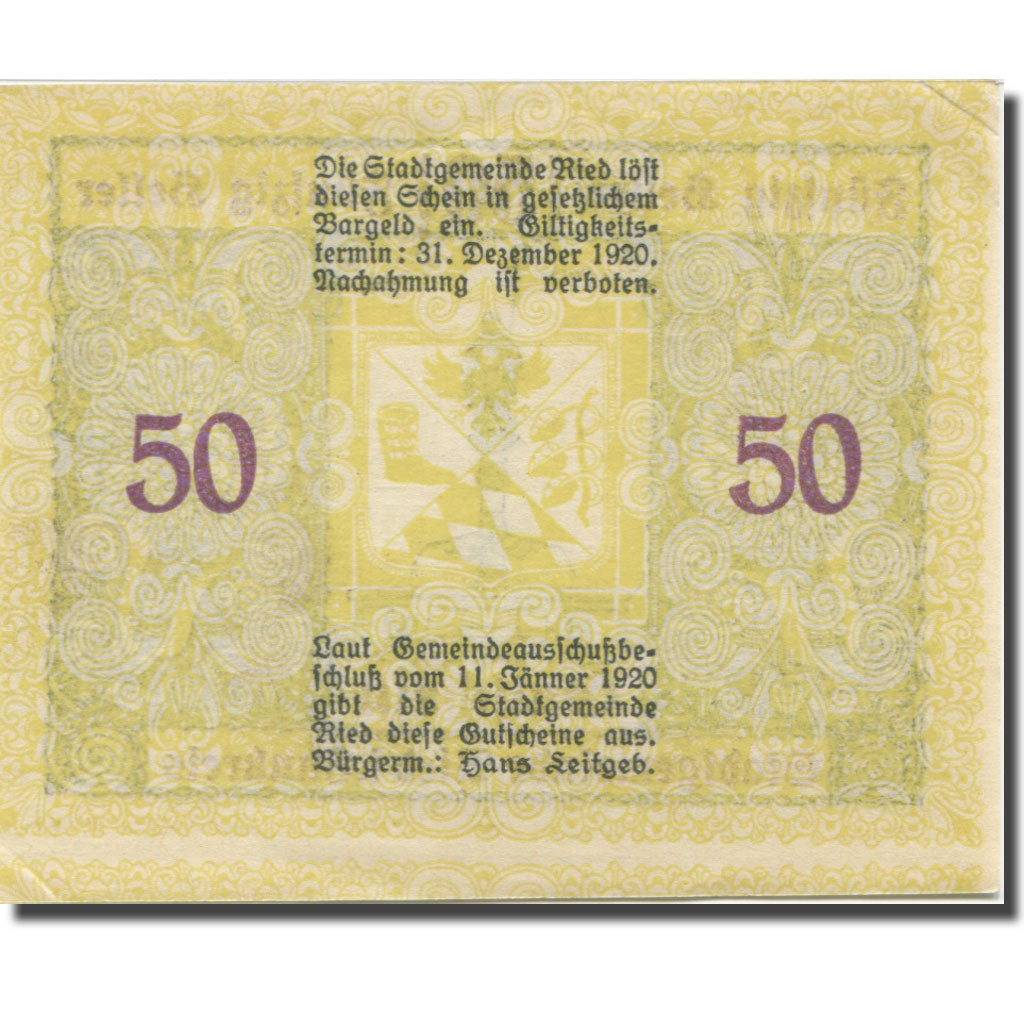 Banknote, Austria, Ried im Innkreis O.Ö. Stadtgemeinde, 50 Heller, Blason 2