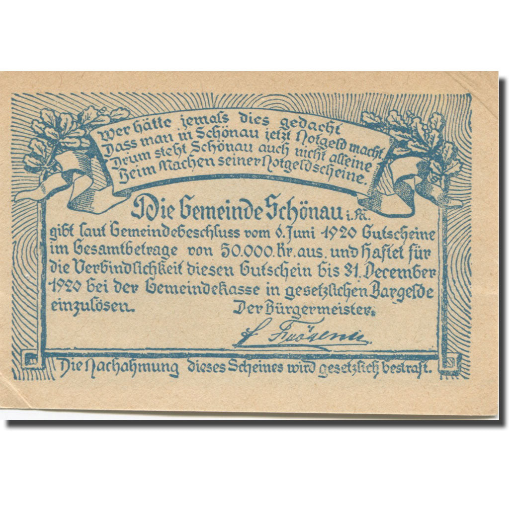 Banconote, Austria, Schönau im Mühlkreis O.Ö. Gemeinde, 10 Heller, Texte