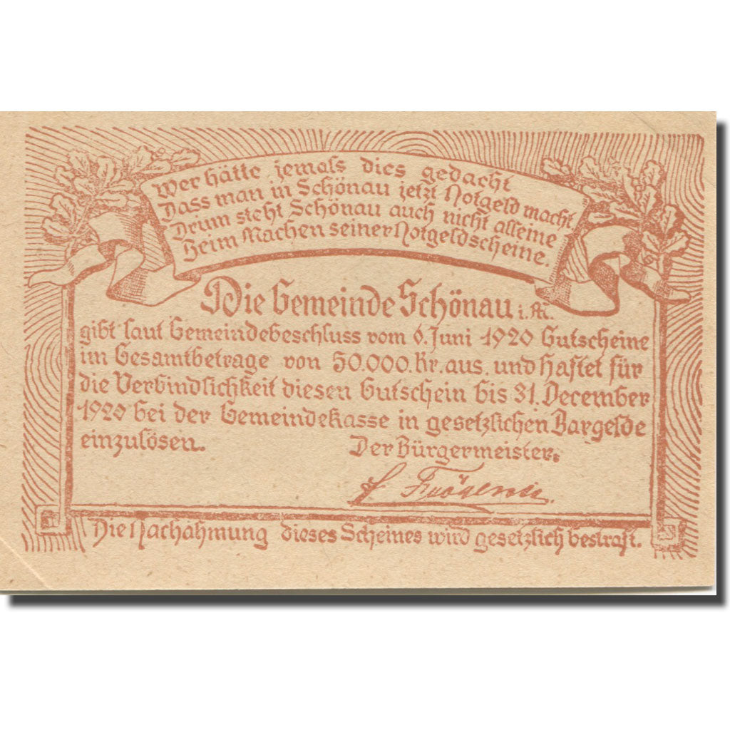 Banknote, Austria, Schönau im Mühlkreis O.Ö. Gemeinde, 20 Heller, Texte 2