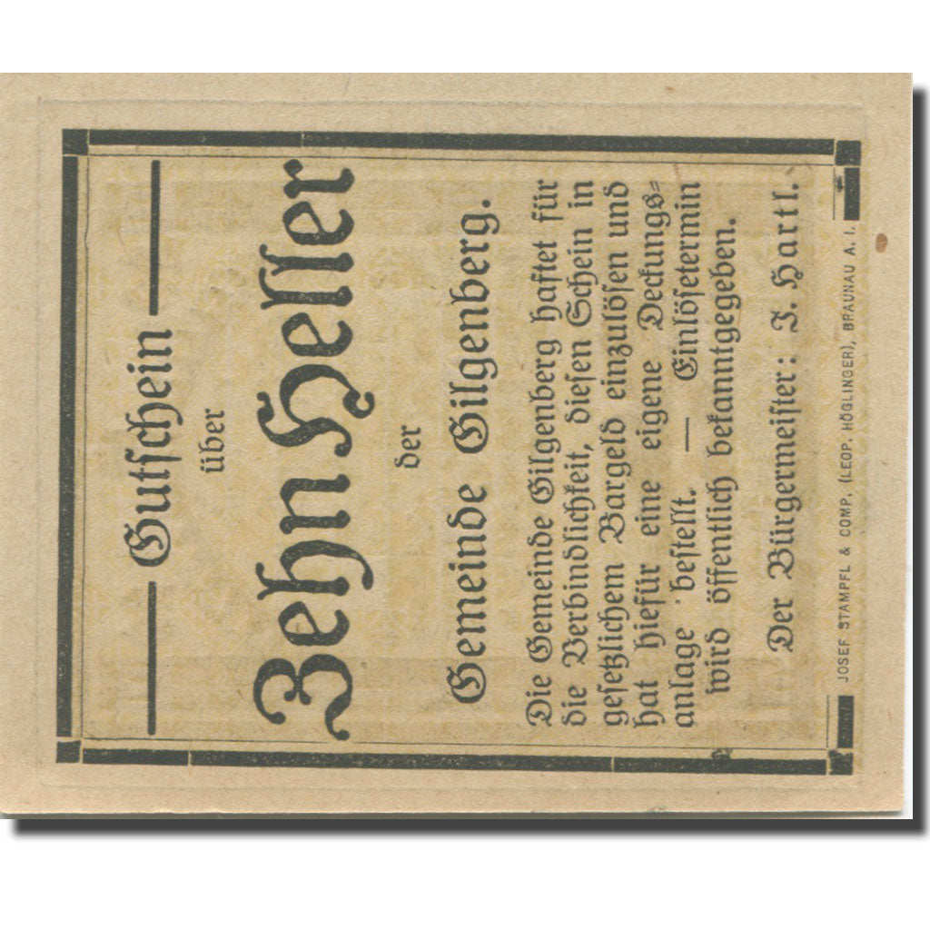 Banknote, Austria, Gilgenberg O.Ö. Gemeinde, 10 Heller, paysage, AU(55-58)