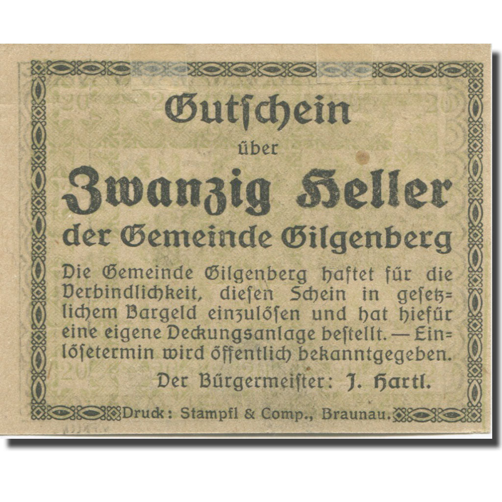 Banknote, Austria, Gilgenberg O.Ö. Gemeinde, 20 Heller, arbre, AU(55-58)