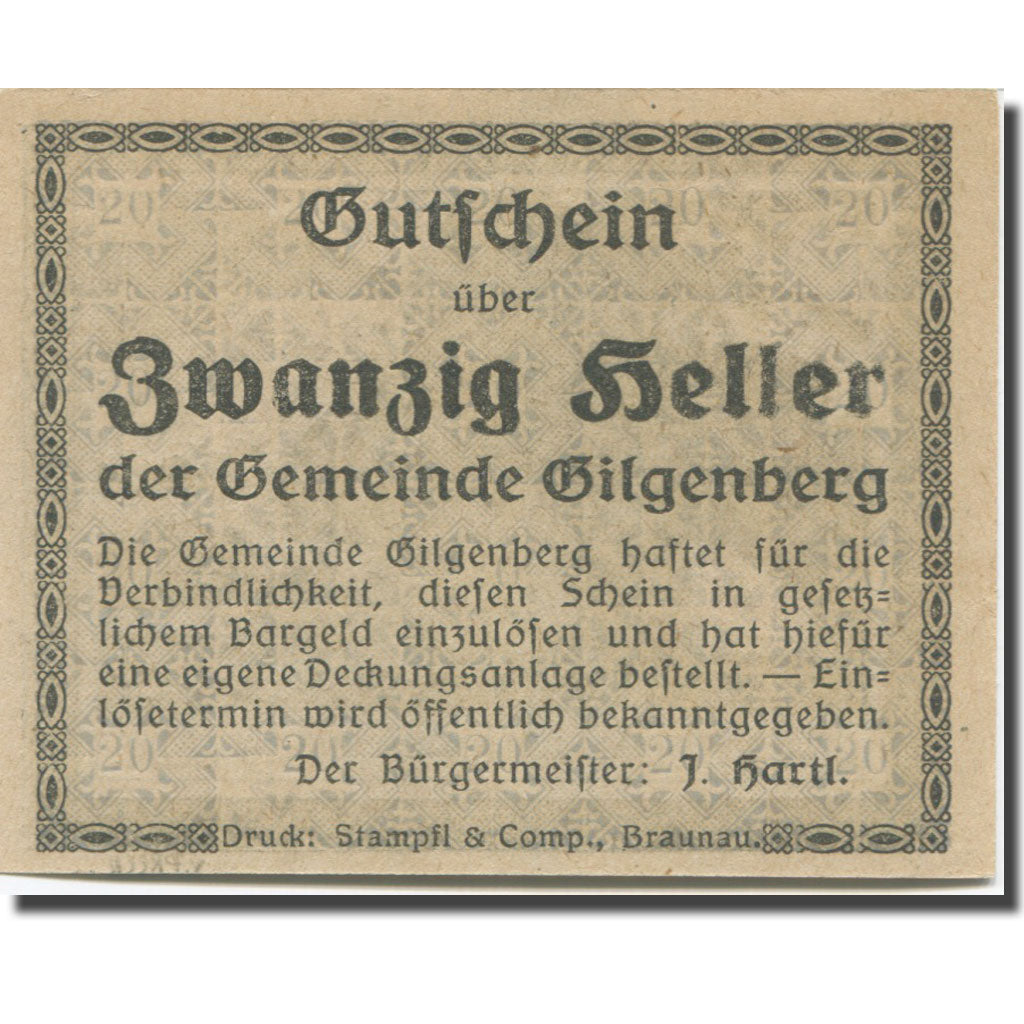 Billete, Austria, Gilgenberg O.Ö. Gemeinde, 20 Heller, arbre 1, EBC, Mehl:FS