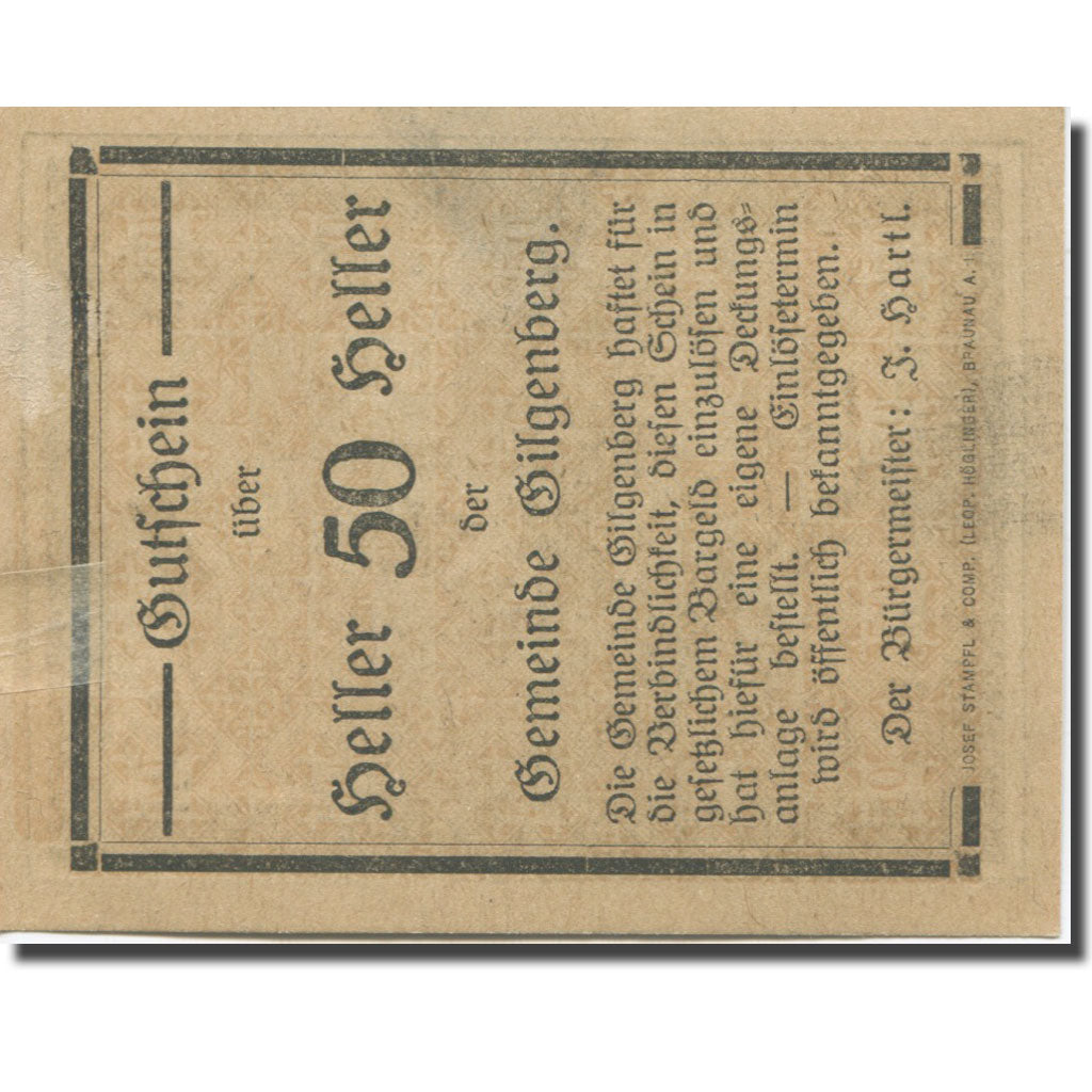 Banknote, Austria, Gilgenberg O.Ö. Gemeinde, 50 Heller, Eglise, AU(55-58)