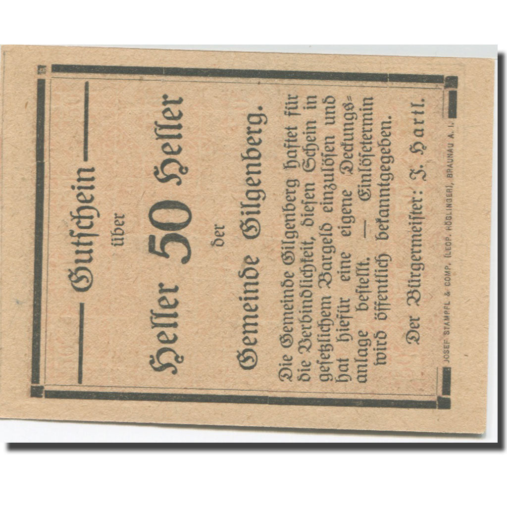 Banknote, Austria, Gilgenberg O.Ö. Gemeinde, 50 Heller, Eglise 1, AU(55-58)