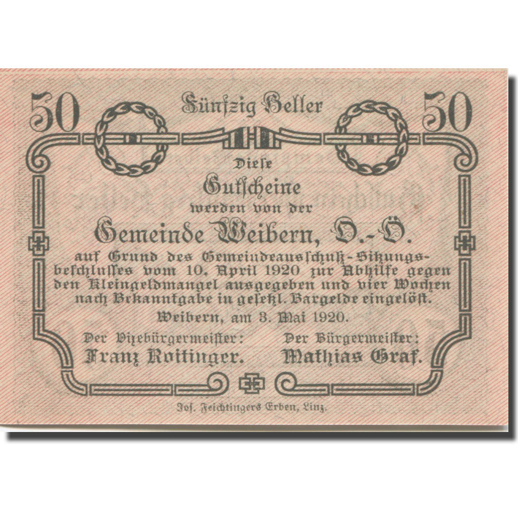 Banknote, Austria, Weibern O.Ö. Gemeinde, 50 Heller, Texte 2, 1920, 1920-05-03
