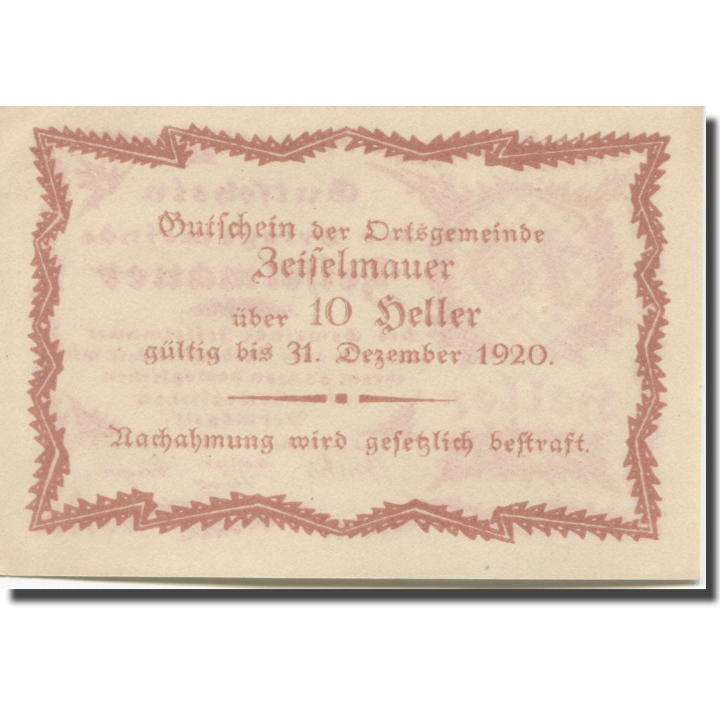 Banknote, Austria, Zeiselmauer N.Ö. Ortsgemeinde, 10 Heller, Texte, 1920