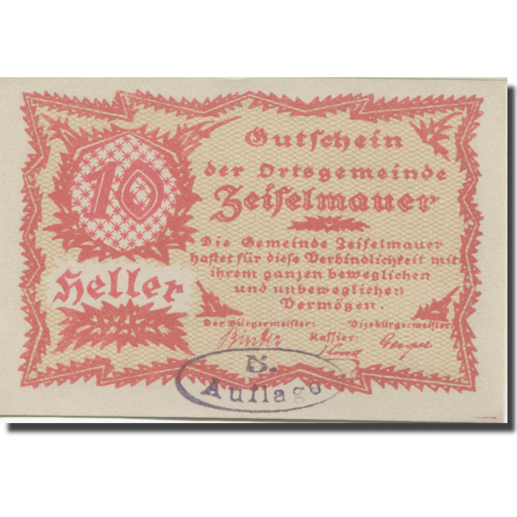 Banknote, Austria, Zeiselmauer N.Ö. Ortsgemeinde, 10 Heller, texte 1, 1920
