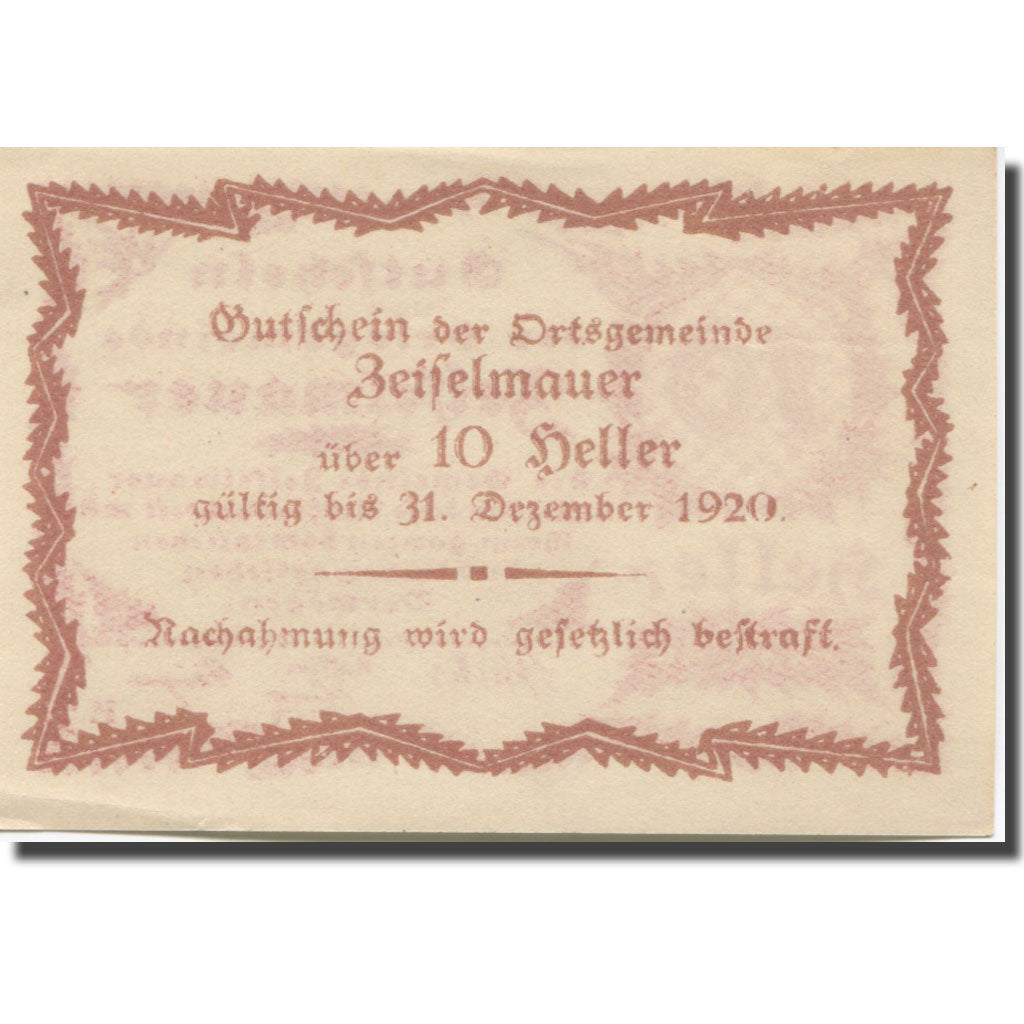 Banknote, Austria, Zeiselmauer N.Ö. Ortsgemeinde, 10 Heller, Texte 2, 1920