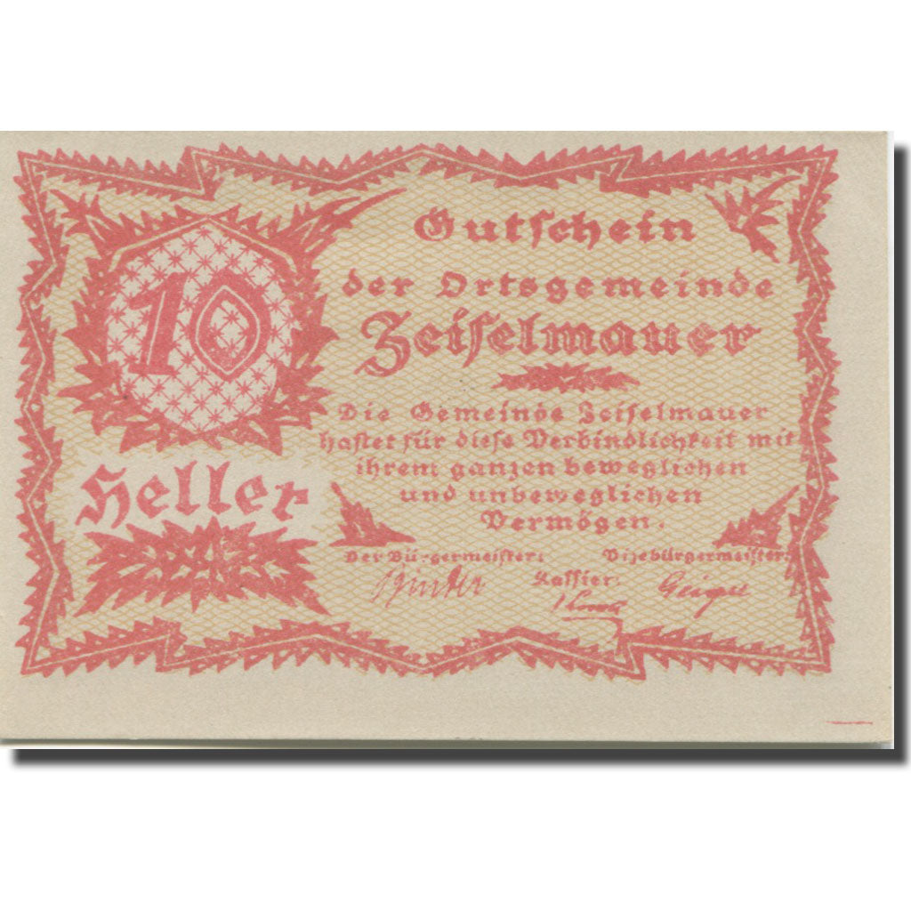 Banknote, Austria, Zeiselmauer N.Ö. Ortsgemeinde, 10 Heller, Texte 3, 1920
