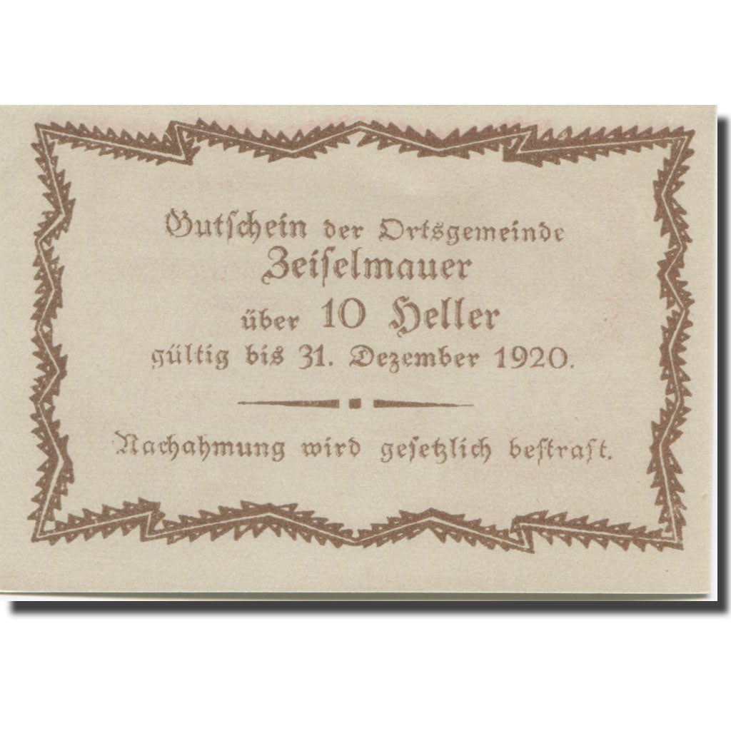 Banknote, Austria, Zeiselmauer N.Ö. Ortsgemeinde, 10 Heller, Texte 3, 1920