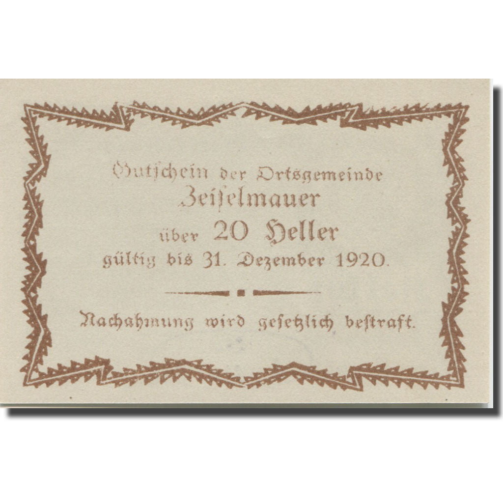 Banknote, Austria, Zeiselmauer N.Ö. Ortsgemeinde, 20 Heller, Texte  5, 1920