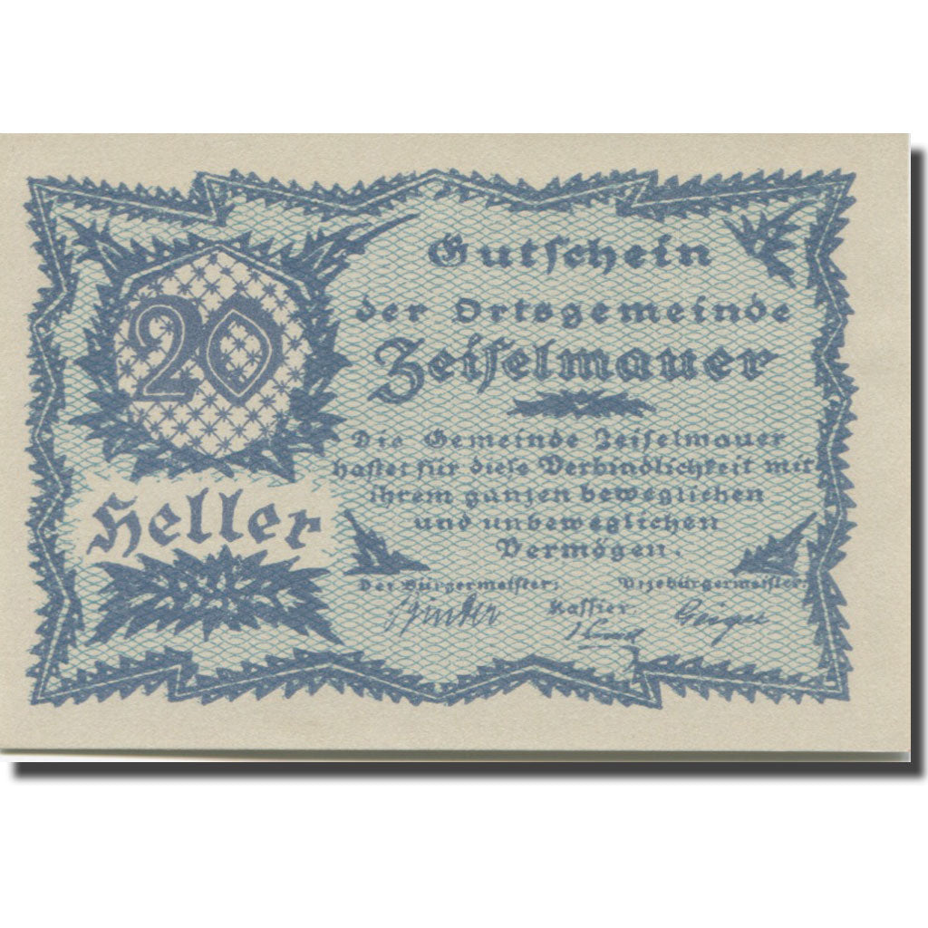Banknote, Austria, Zeiselmauer N.Ö. Ortsgemeinde, 20 Heller, Texte 6, 1920