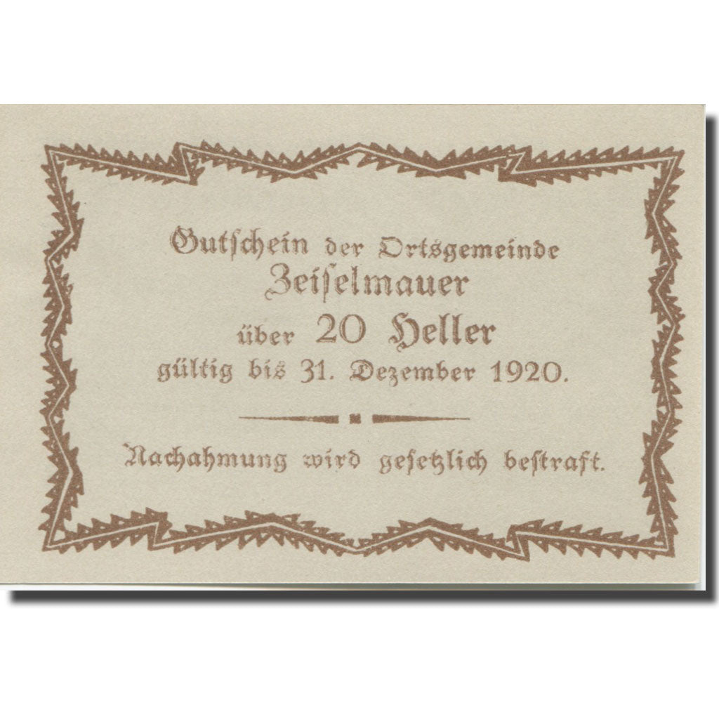 Banknote, Austria, Zeiselmauer N.Ö. Ortsgemeinde, 20 Heller, Texte 6, 1920