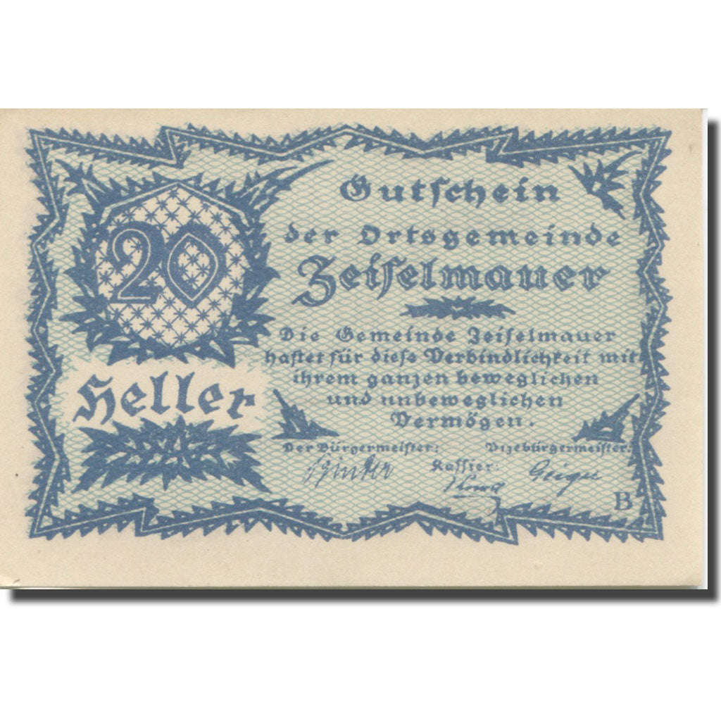 Banknote, Austria, Zeiselmauer N.Ö. Ortsgemeinde, 20 Heller, Texte 7, 1920