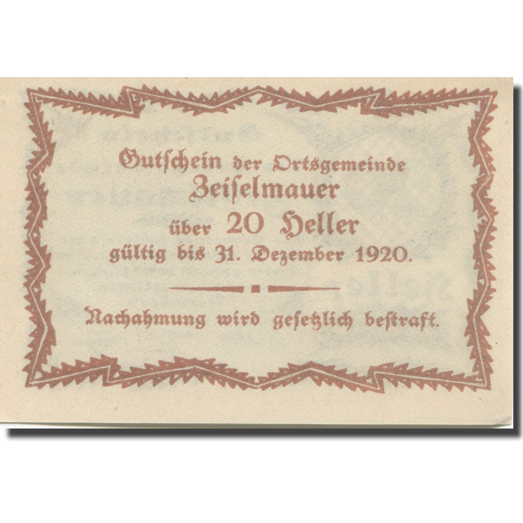 Banknote, Austria, Zeiselmauer N.Ö. Ortsgemeinde, 20 Heller, Texte 7, 1920