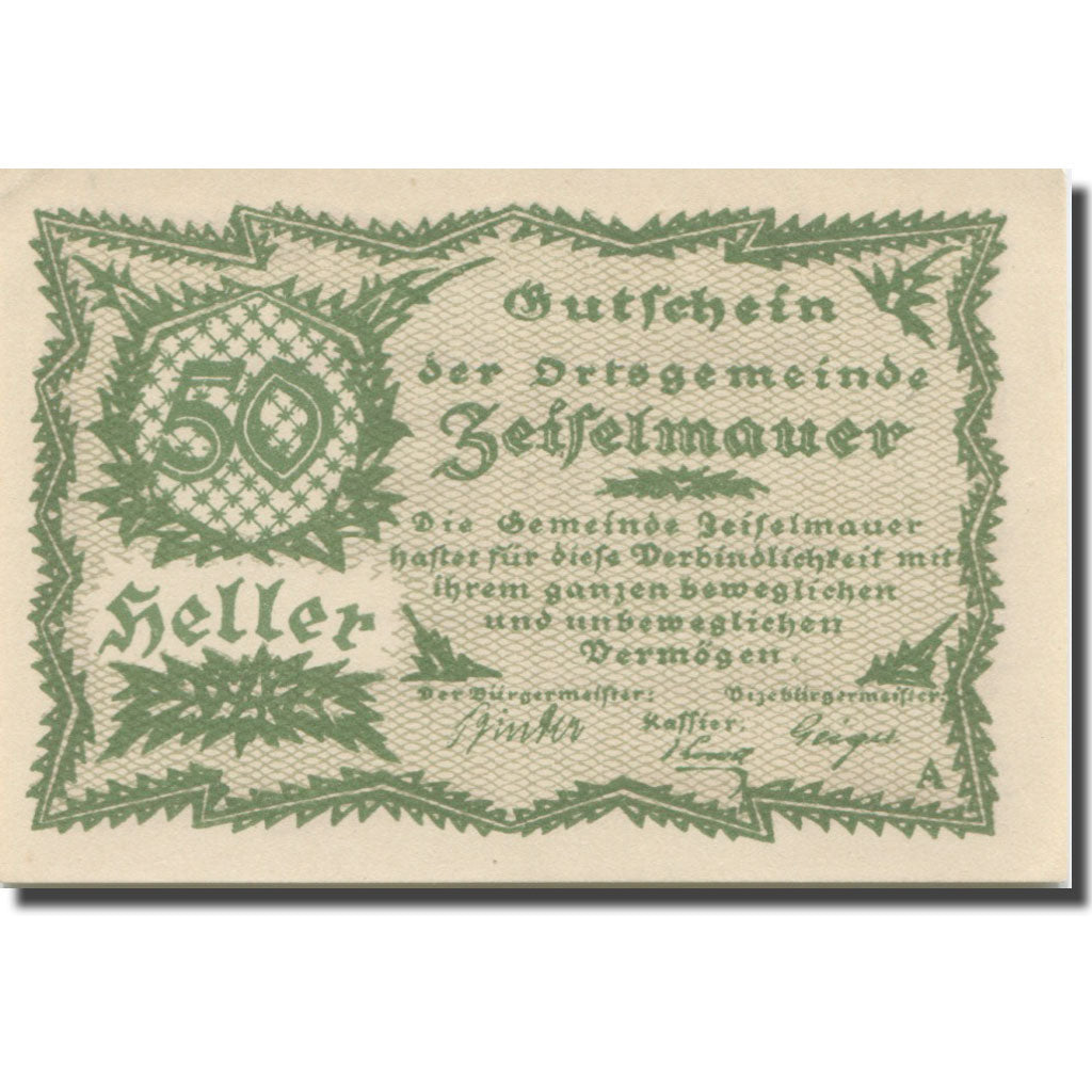 Banknote, Austria, Zeiselmauer N.Ö. Ortsgemeinde, 50 Heller, Texte 8, 1920