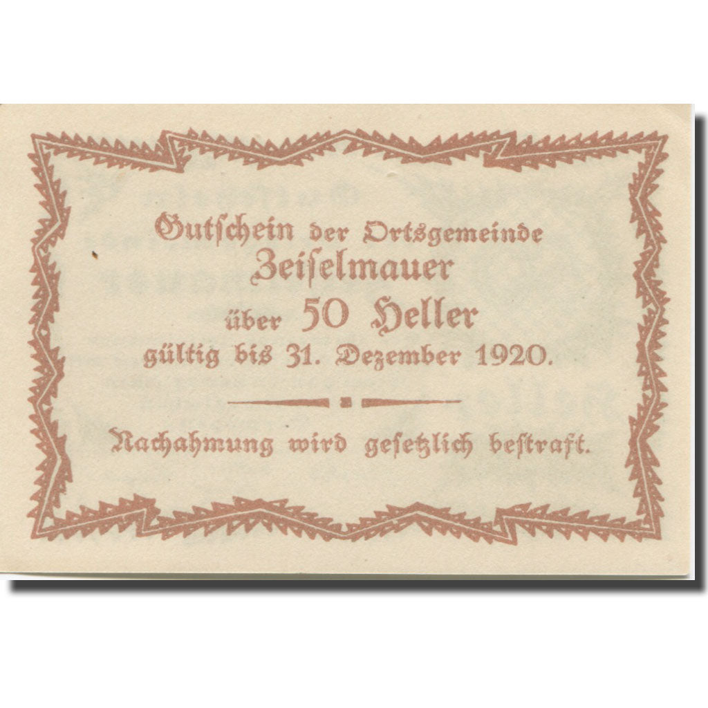 Banknote, Austria, Zeiselmauer N.Ö. Ortsgemeinde, 50 Heller, Texte 8, 1920