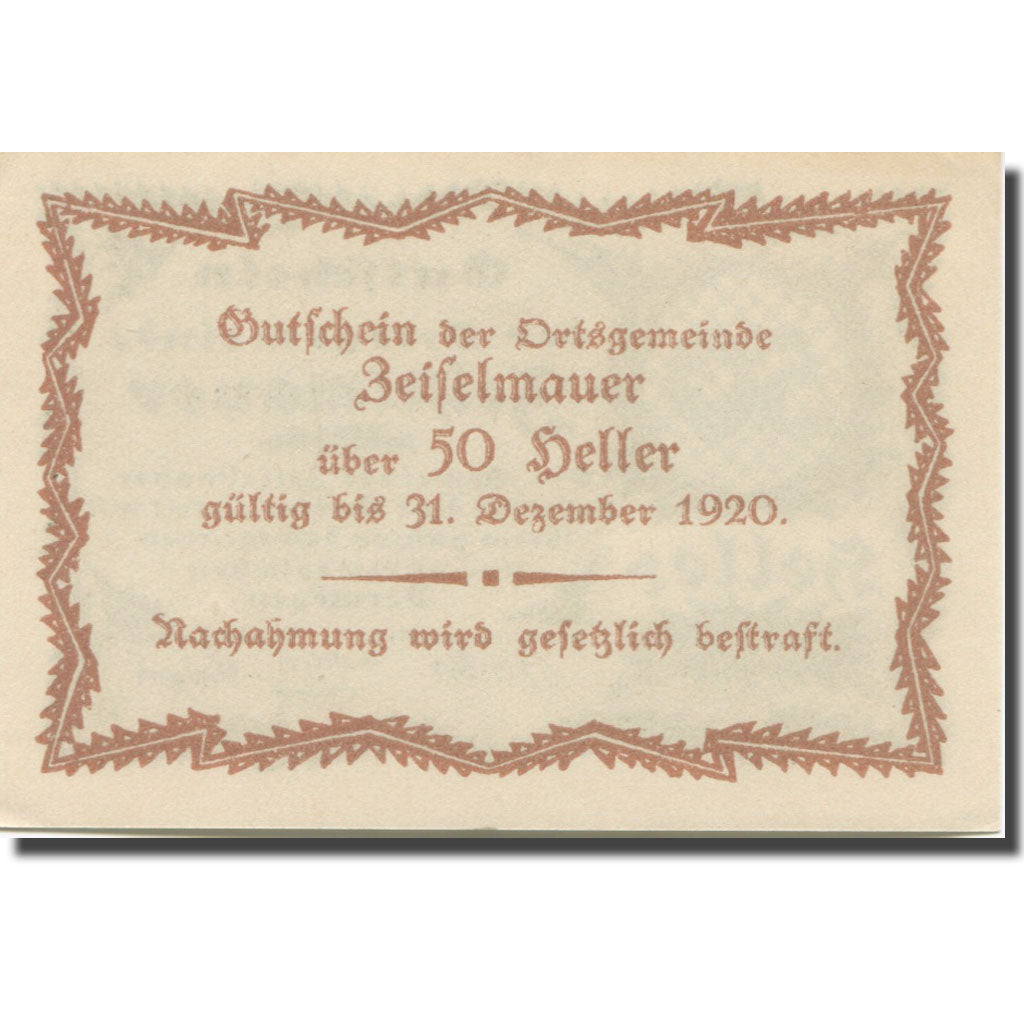 Banknote, Austria, Zeiselmauer N.Ö. Ortsgemeinde, 50 Heller, Texte 9, 1920