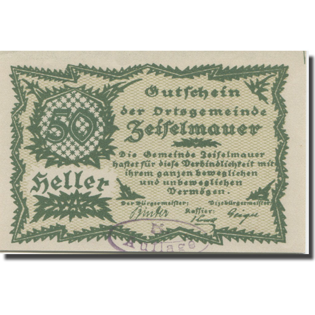Banknote, Austria, Zeiselmauer N.Ö. Ortsgemeinde, 50 Heller, Texte, 1920