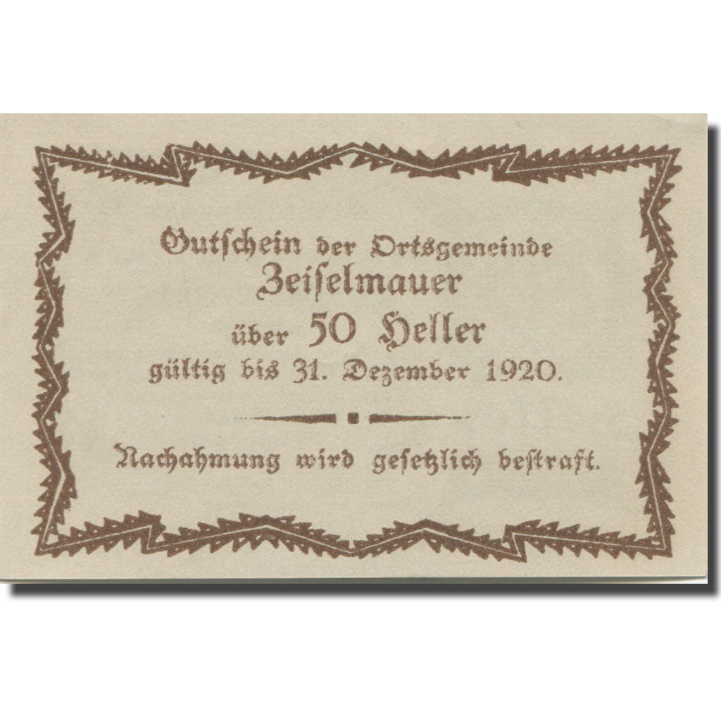 Banknote, Austria, Zeiselmauer N.Ö. Ortsgemeinde, 50 Heller, Texte, 1920